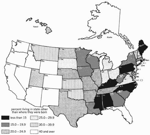 Map of the US states showing what proportion of residents of each state were born in another state: eastern states have few; western states have over 40% of the population born in other states.