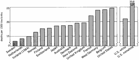 Graph showing the infant mortality rates of the 15 countries with the lowest mortaility rates, and also US white versus US nonwhite mortality rates.